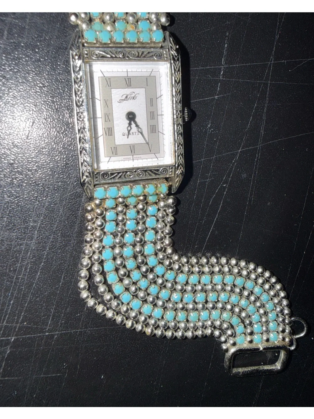 Vintage Kirks Folly Silver Watch with Turquoise Beaded Strap